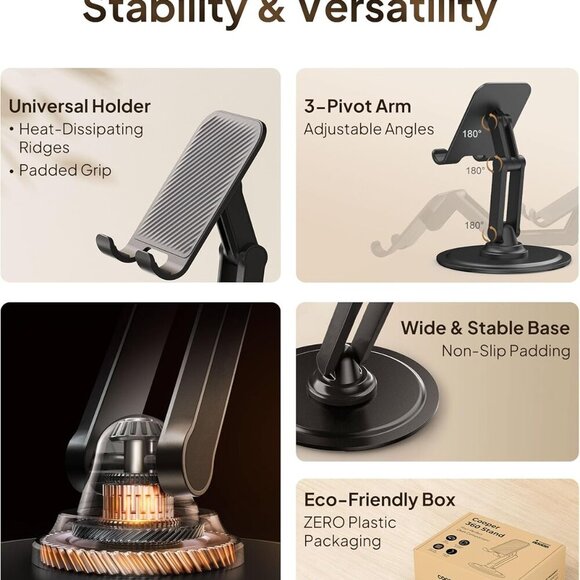 Cooper 360° Stand, Rotating Cell Phone Stand for Desk | Sturdy Metal Base, Folda - Picture 2 of 7